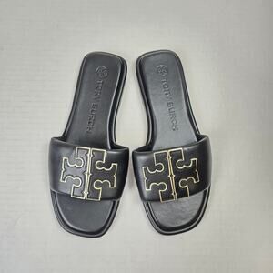 Tory Burch Double T Sport Slide Perfect Black/Gold Womens Size 7.5 Napa Leather